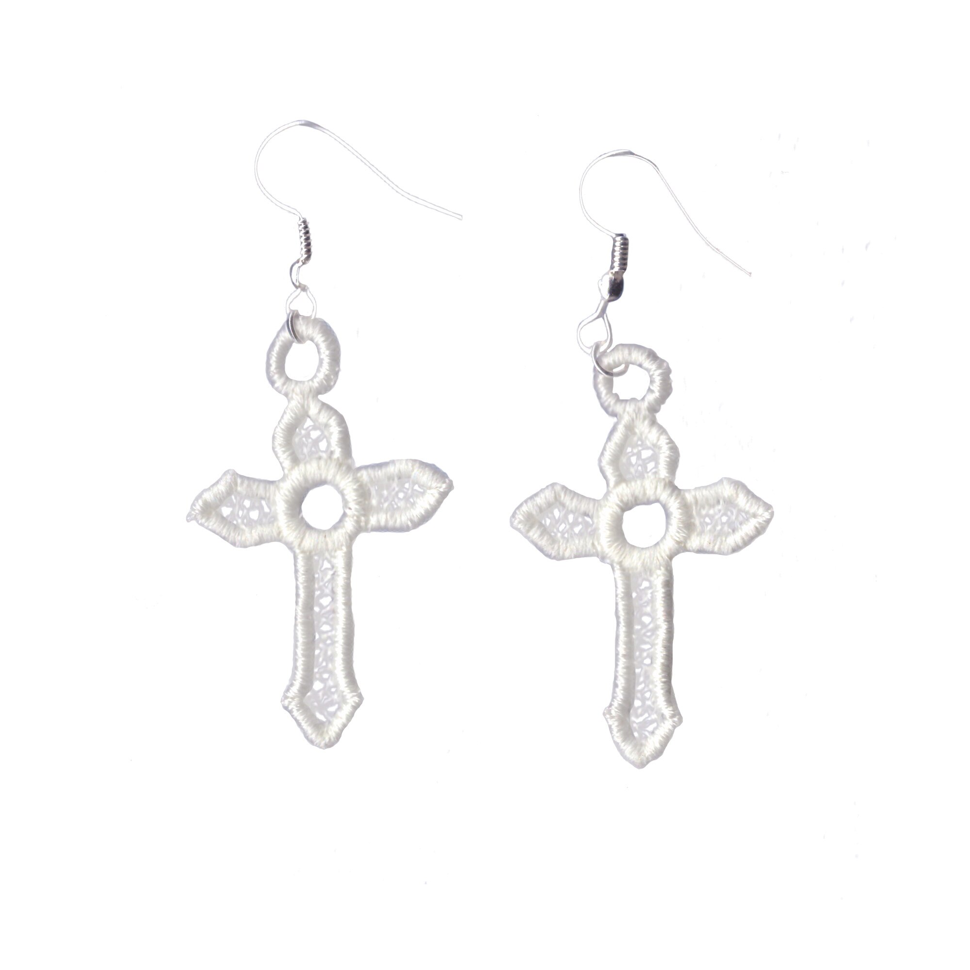 Cercei brodati LaRue, cruce, alb ivoar