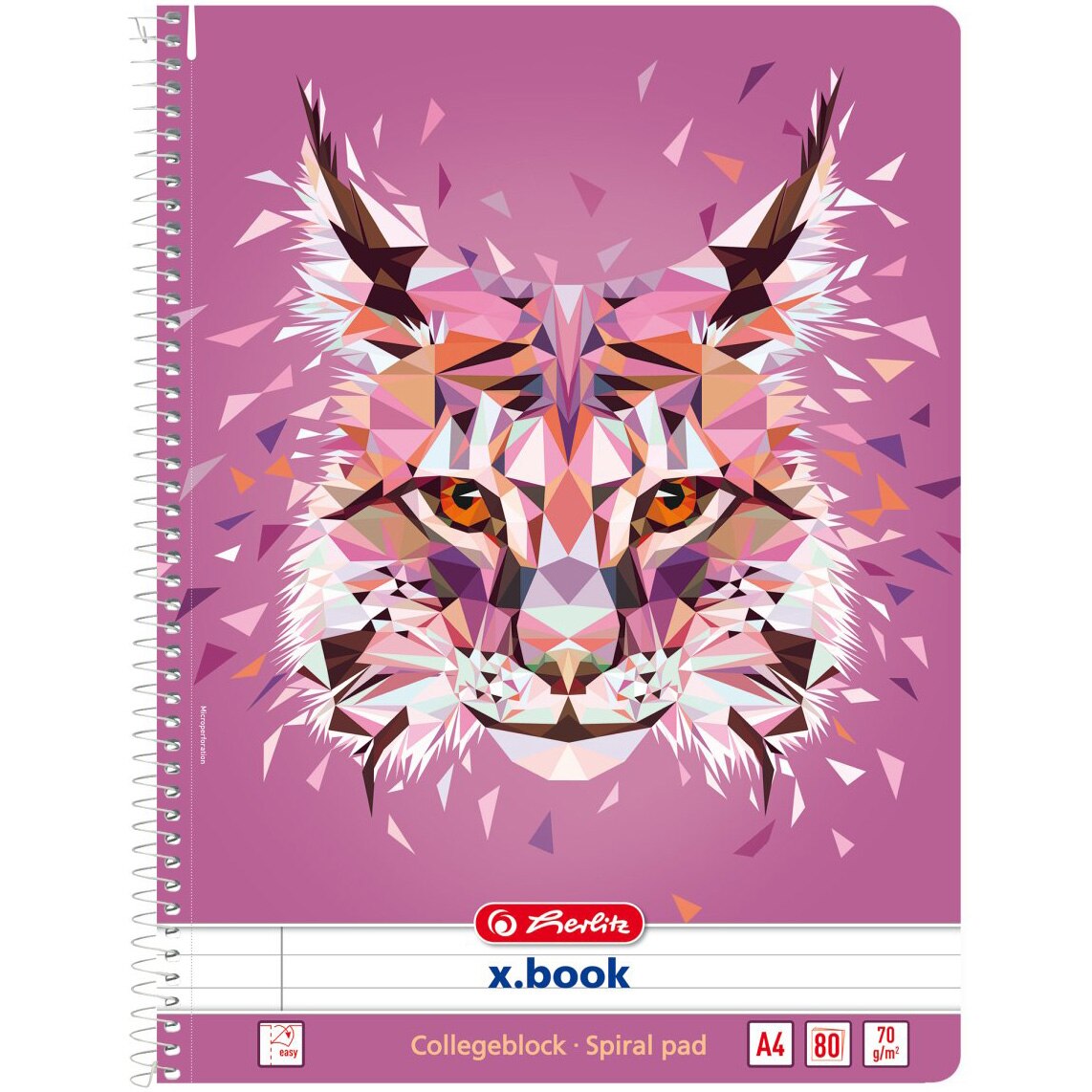 Caiet Herlitz, A4 80 file cu spirala dictando perforat, liniat, motiv Wild Animals Lynx