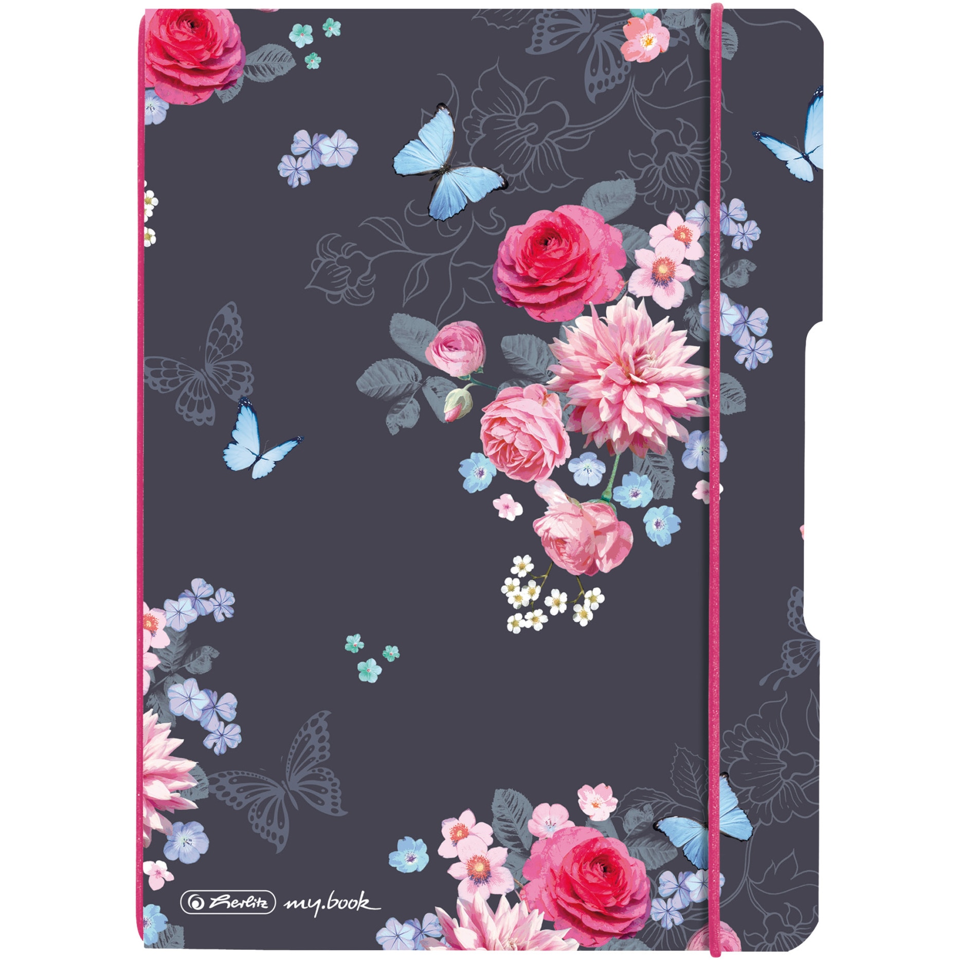 Caiet Herlitz, MyBook Flex, A5, 40f, 80gr, patratele, coperta Ladylike Flowers, elastic roz