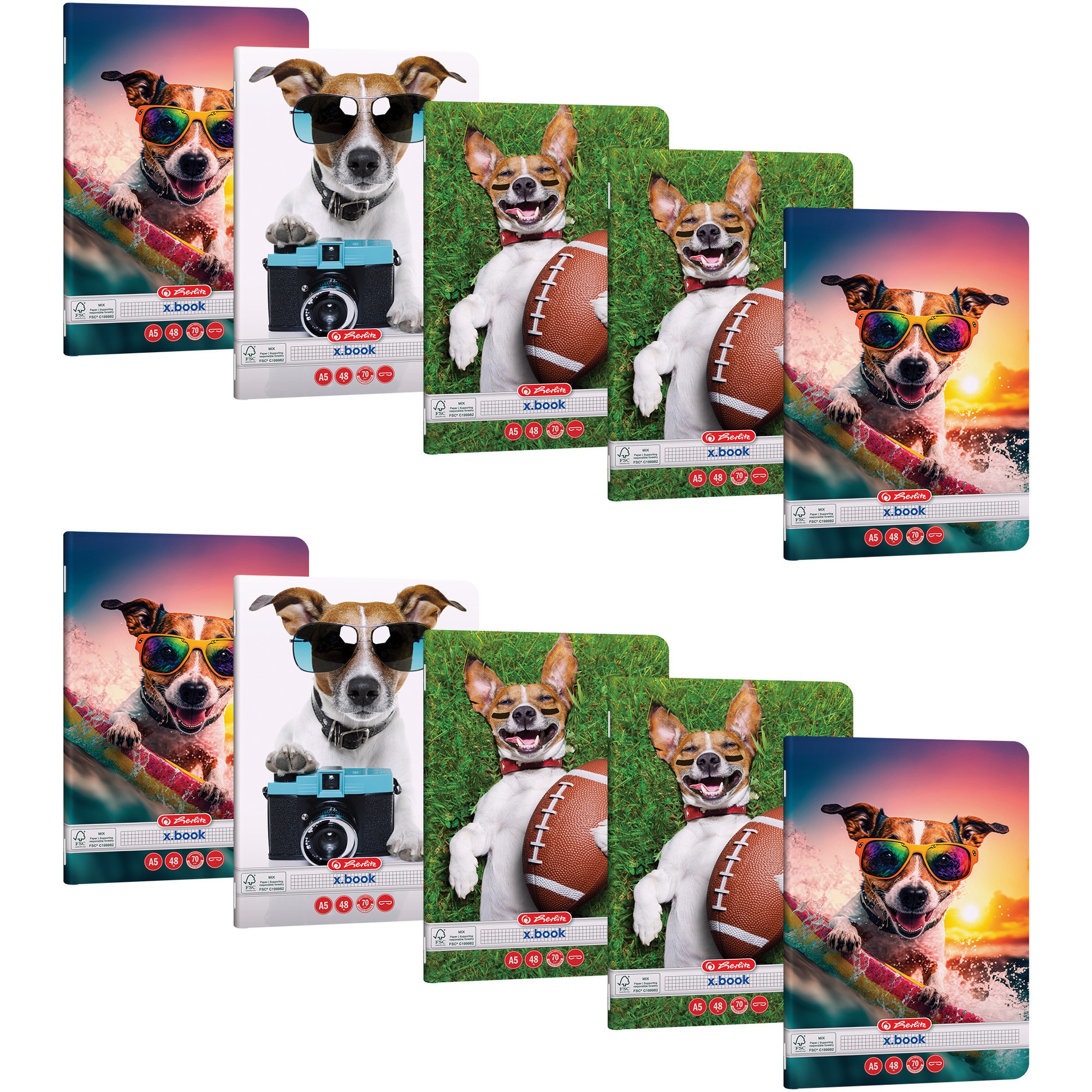 Set 10 Caiet Herlitz, A5, 48 file, 70g/mp, patratele, colturi rotunjite, motiv Cool Dog