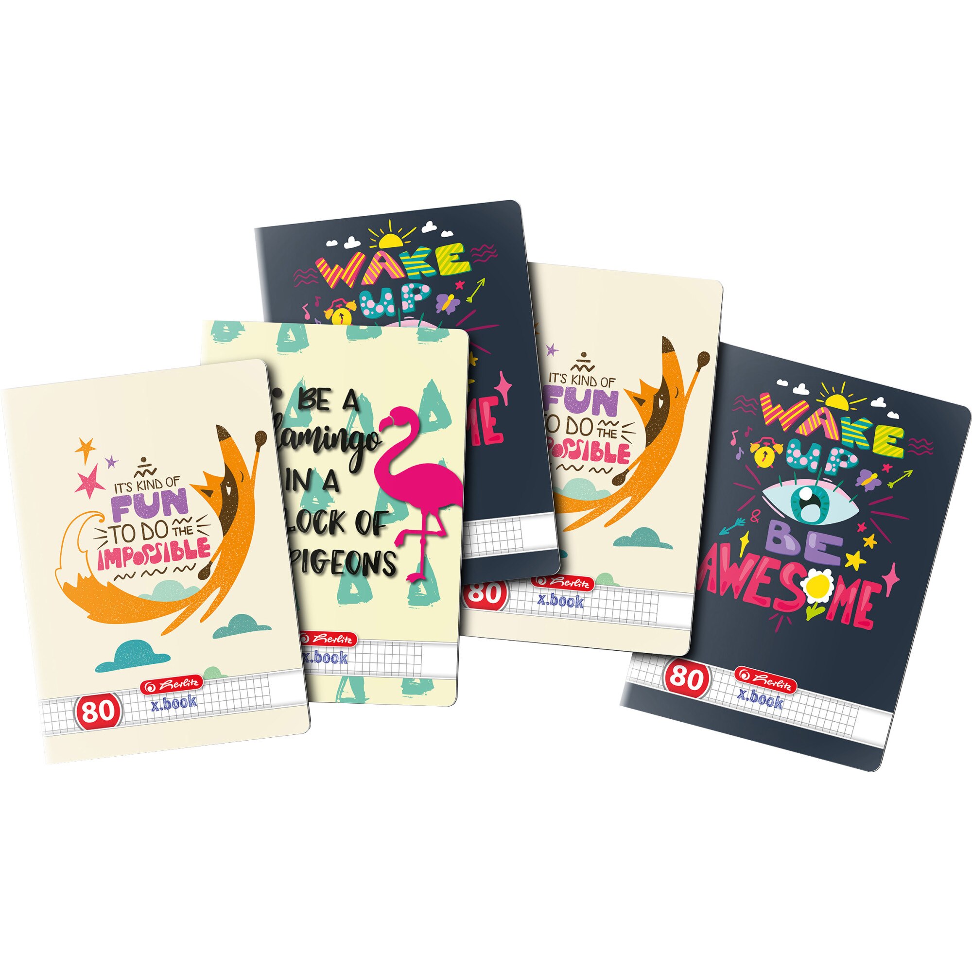 Set 5 bucati Caiet Herlitz format A4, coperti policromie, carton dublu cretat, colturi rotunjite, hartie 70 g/mp, 80 file, patratele, capsat, motiv Quotes