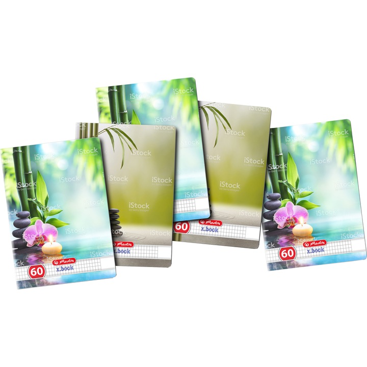 Set 5 bucati Caiet Herlitz format A5, coperti din carton dublu cretat, lucios, colturi rotunjite, hartie 70 g/mp, 60 file, patratele, capsat, motiv Zen