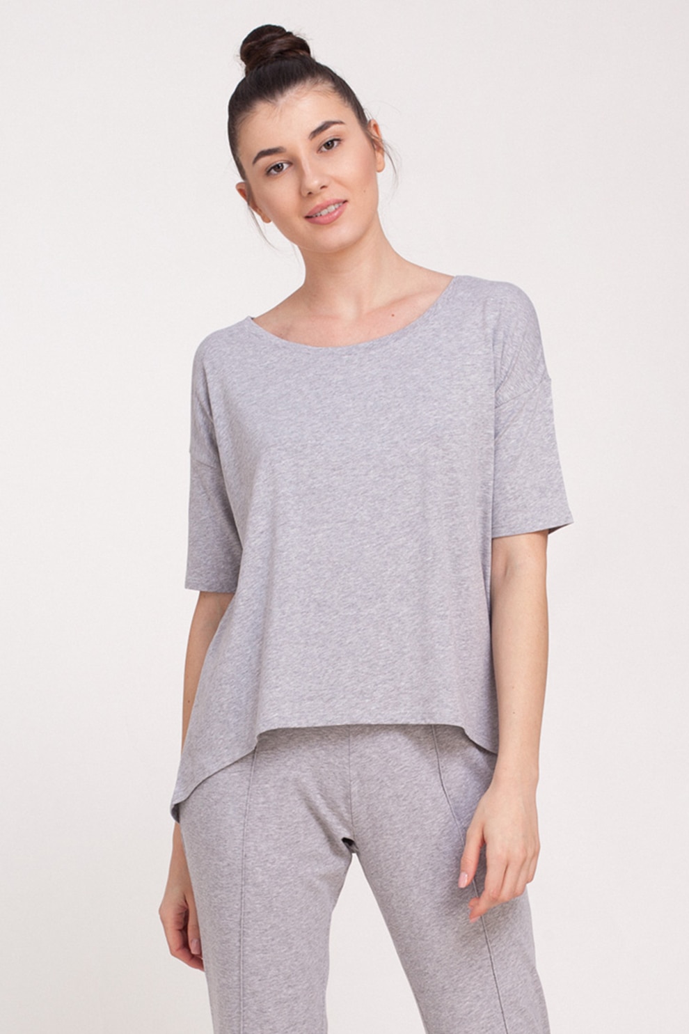 Sofiaman, Tricou de casa asimetric, cu decolteu rotund Soft Touch, Gri melange