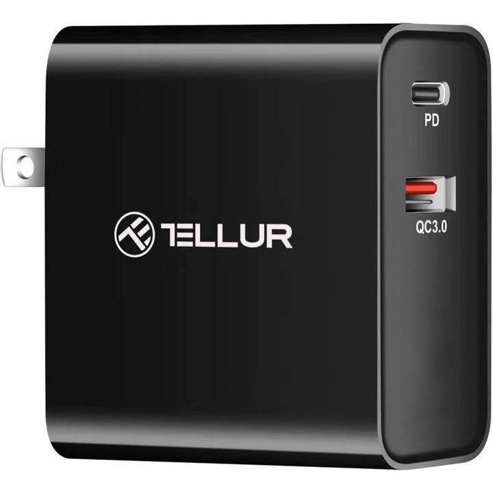 Мрежово зарядно устройство Tellur PDHC1 48W PD30W + QC3.0, 3 адаптера за контакт (US, EU, UK), Черен