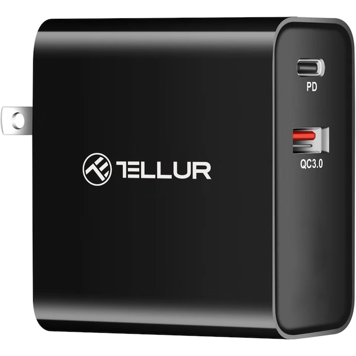 Мрежово зарядно устройство Tellur PDHC1 48W PD30W + QC3.0, 3 адаптера за контакт (US, EU, UK), Черен