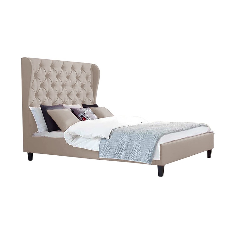 Pat tapitat Carla Crem, MobAmbient, cu tablie Chesterfield din catifea, somiera metalica rabatabila, lada de depozitare, pentru saltea 160 x 200 cm