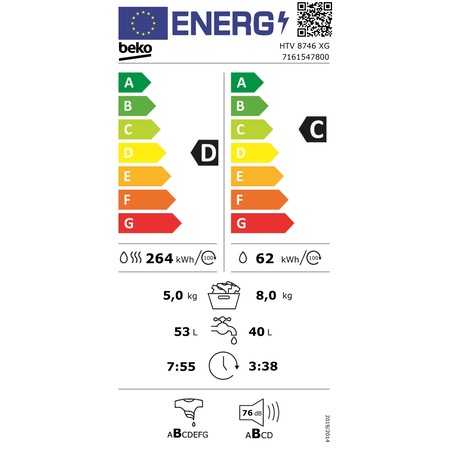Masina de spalat rufe cu uscator Beko HTV8746XG, Spalare 8 kg, Uscare 5 kg, 1400 RPM, Clasa C, HomeWhiz, SteamCure, IonGuard, Motor ProSmart Inverter, Alb