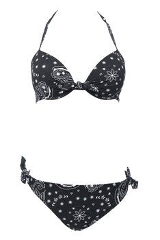 Costum de baie din doua piese, sutien decupat si chilot care se leaga in parti, Lux IS29,, Alb/Negru/Verde Costum de baie din doua piese, sutien decupat si chilot care se leaga in parti, Lux IS29,, Alb/Negru/Verde