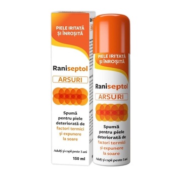 Raniseptol Arsuri, Spuma pentru Hidratarea si Emolierea Pielii in cazul Expunerii excesive la Soare si Solar sau deteriorata din cauza Factorilor Termici, 150ml Raniseptol Arsuri, Spuma pentru Hidratarea si Emolierea Pielii in cazul Expunerii excesive la Soare si Solar sau deteriorata din cauza Factorilor Termici, 150ml