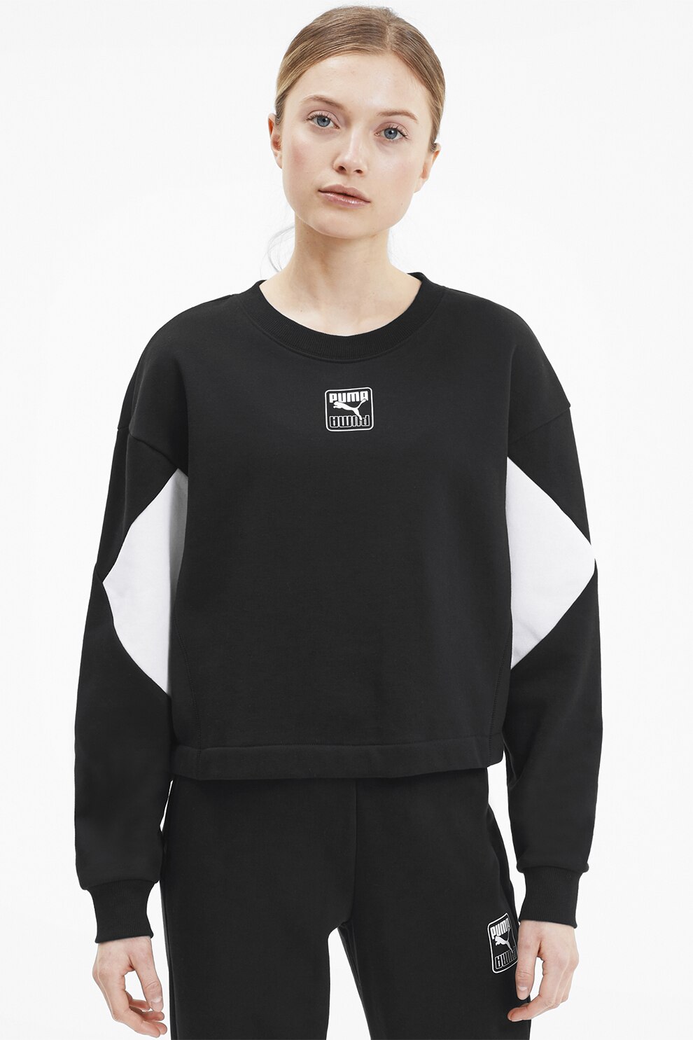 Puma, Bluza sport cu maneci cazute Rebel, Negru/Alb