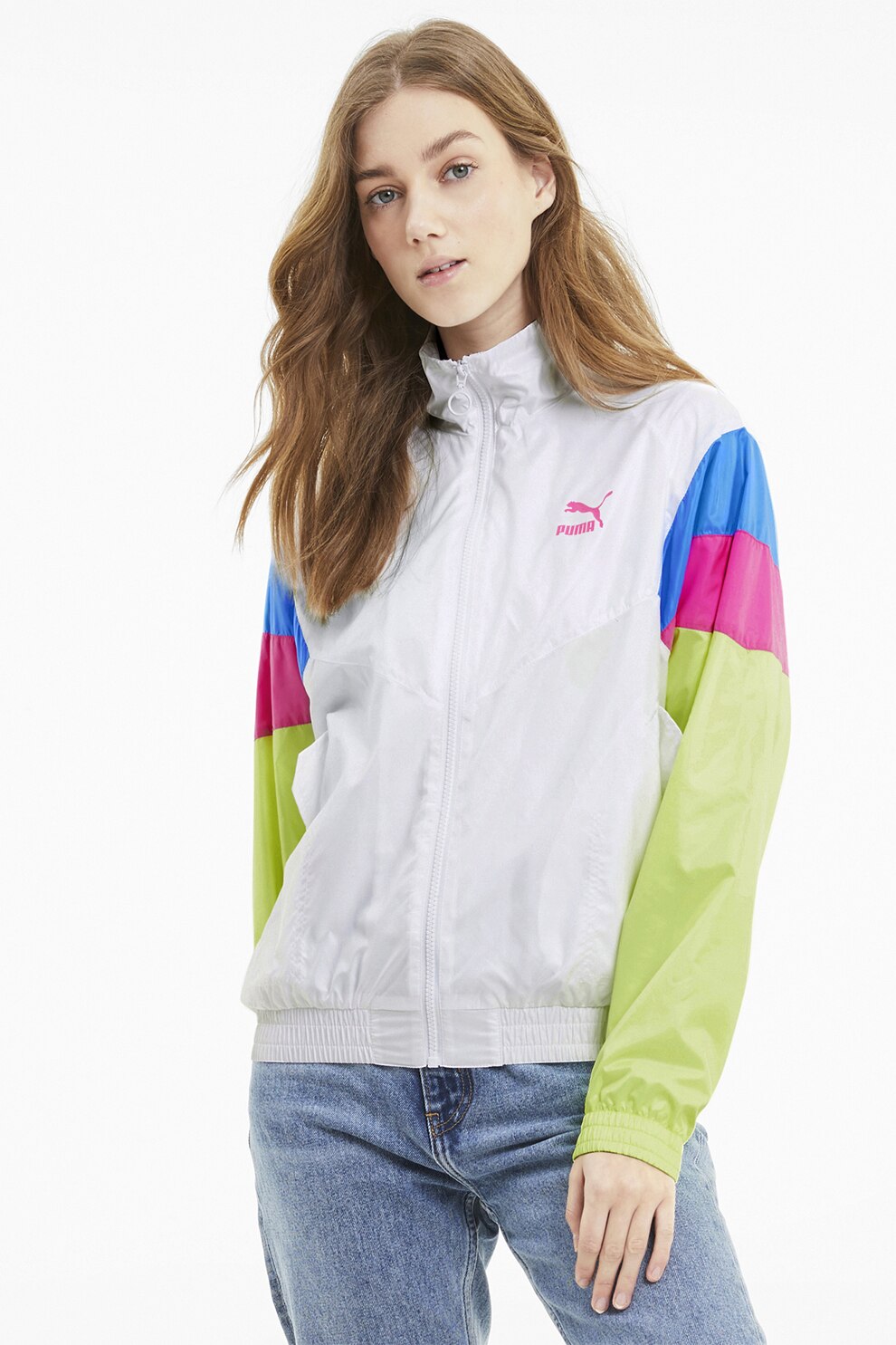 Puma, Jacheta sport cu aspect colorblock TFS, Alb/Verde lime/Fucsia