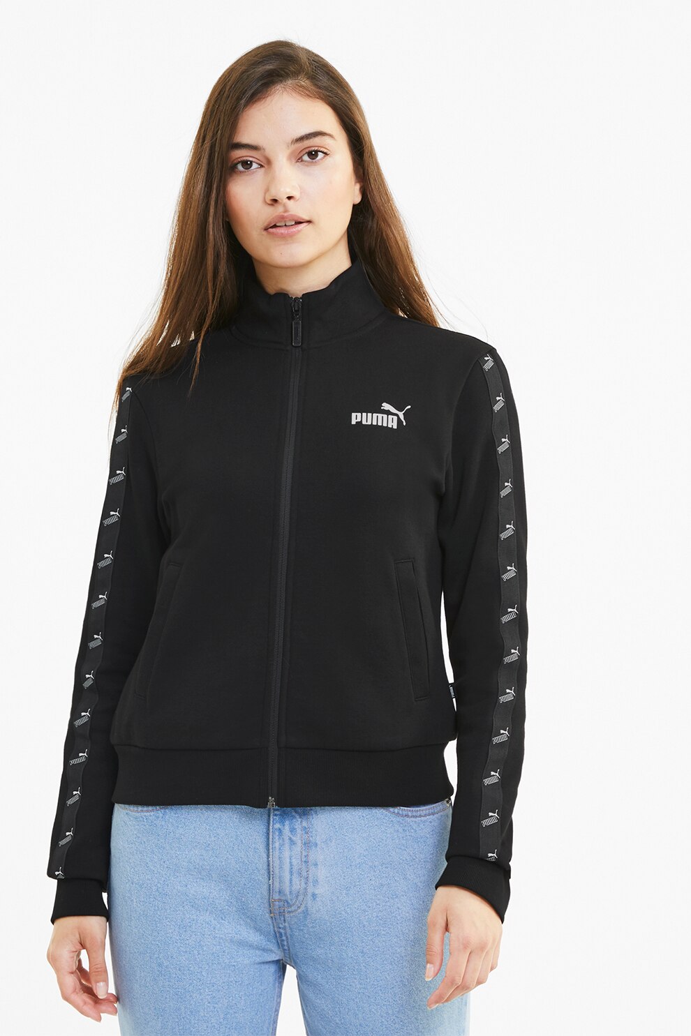 Puma, Bluza sport cu fermoar si logo pe maneci Amplified, Negru