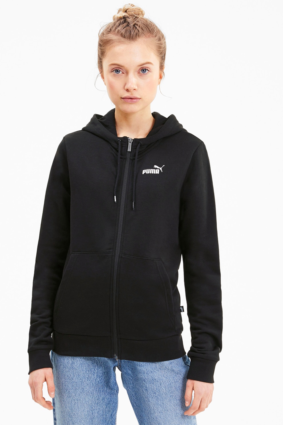 Puma, Hanorac cu fermoar si logo Ess Metallic, Negru