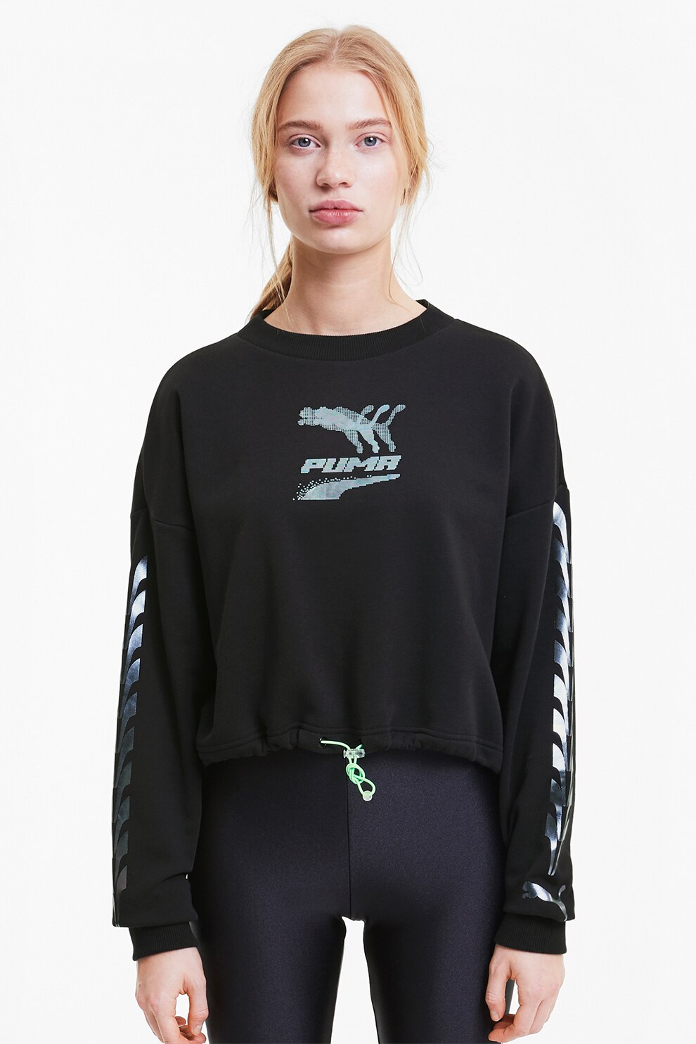 Puma, Bluza sport crop cu snur in talie Evide, Negru/Bleu/Alb