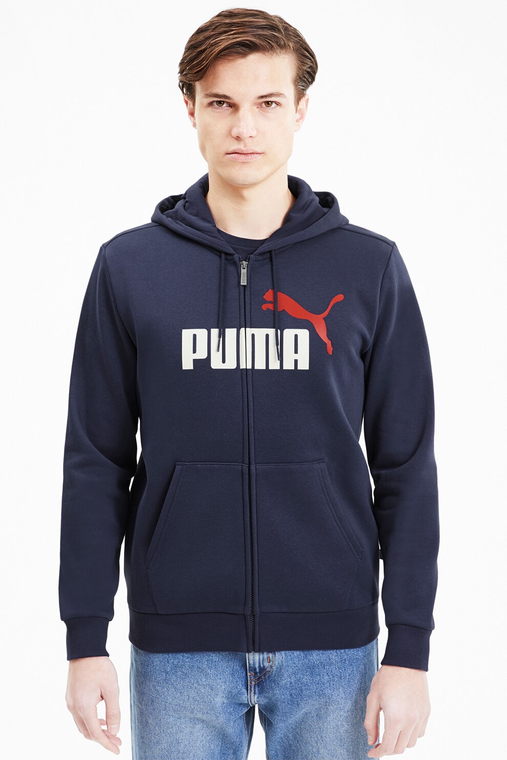 Puma, Hanorac cu fermoar si logo ESS, Bleumarin/Alb/Rosu inchis