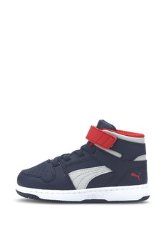 Puma, Pantofi sport high-top de piele ecologica Rebound Layup SL V, Gri carbune/Rosu/Gri deschis, 21 EU Puma, Pantofi sport high-top de piele ecologica Rebound Layup SL V, Gri carbune/Rosu/Gri deschis, 21 EU