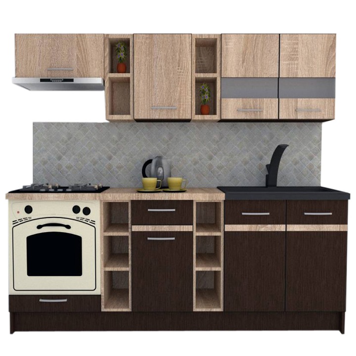 Set Bucatarie Marina New 220, Wenge / Stejar Sonoma, 220 x 195-230 x 60 cm