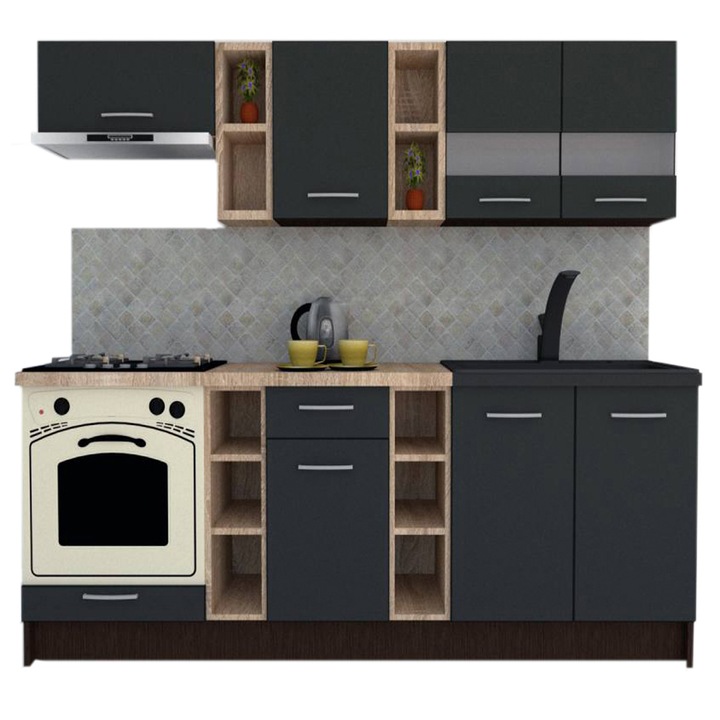 Set Bucatarie Marina New 220, Wenge / Decor 0164, 220 x 195-230 x 60 cm