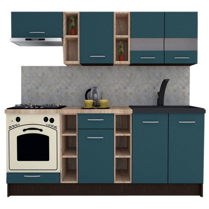 Set Bucatarie Marina New 220, Wenge / Decor 0244, 220 x 195-230 x 60 cm