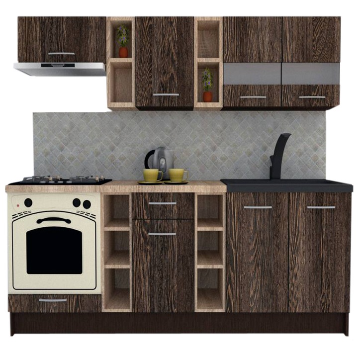 Set Bucatarie Marina New 220, Wenge / Decor 8548, 220 x 195-230 x 60 cm