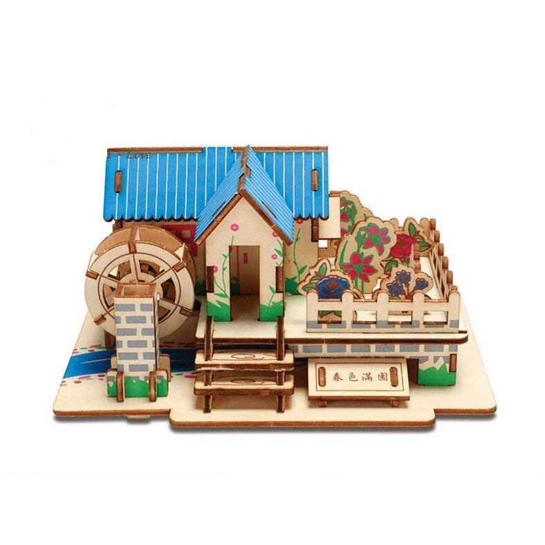 Puzzle 3D din lemn casa cu gradina 64 piese, Alibeibei