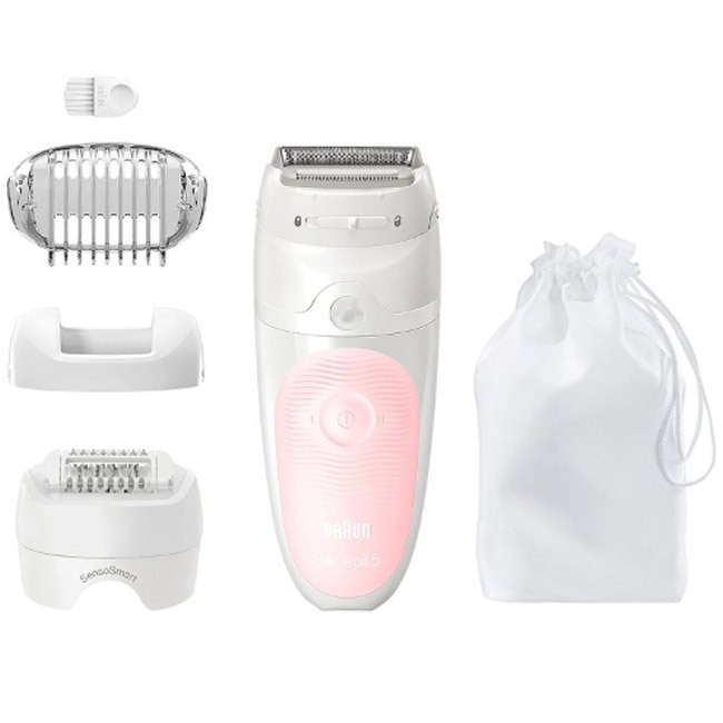 Epilator Braun Silk Epil 5620, Piele uscata si Umeda , 3 accesorii, Husa, Alb/Roz