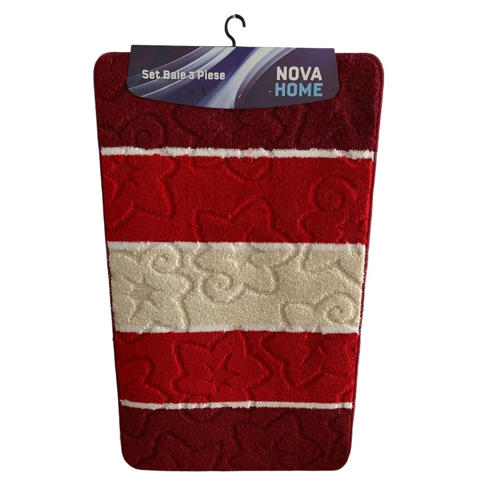Set 3 covorase baie, NOVA HOME, Poliester, Rosu dungi, 80 X 50 cm