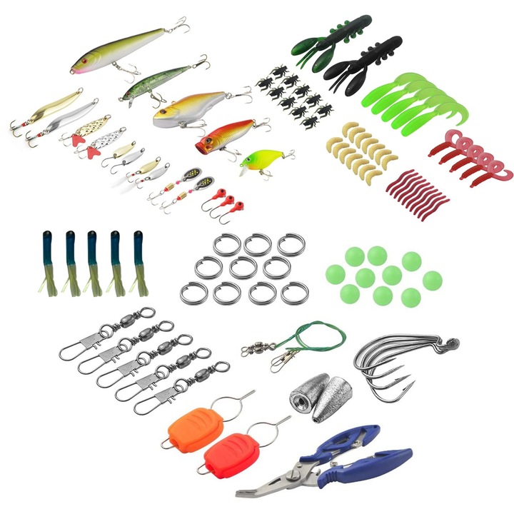 Комплект от 103 изкуствени примамки, изработени от различни материали и органайзер за съхранение, за риболов на пъстърва, костур, сьомга, щука, шаран, както и за други големи и малки риби