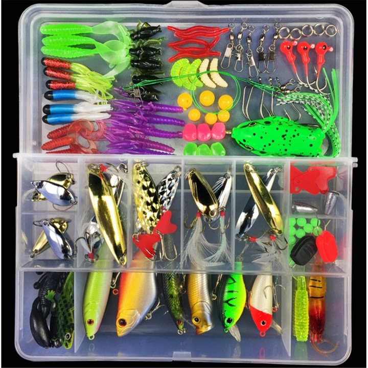 Set 106 momeli artificiale confectionate din diverse materiale si organizator depozitare, ideale pentru pescuit de pastrav, bibanu, somon, stiuca, crap cat si pentru alti pesti mari sau mici