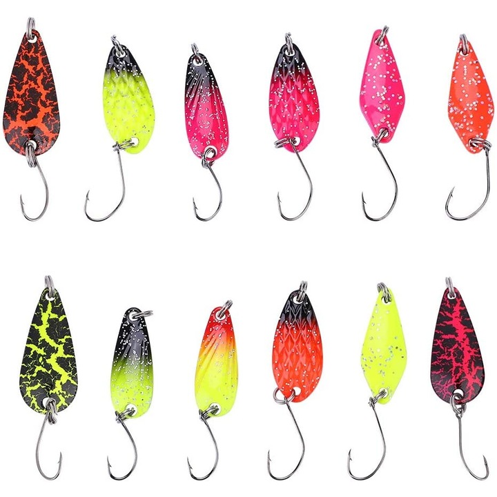 Комплект от 12 примамки тип лъжица за риболов на хищни птици, цветен метал с куки и органайзер за съхранение