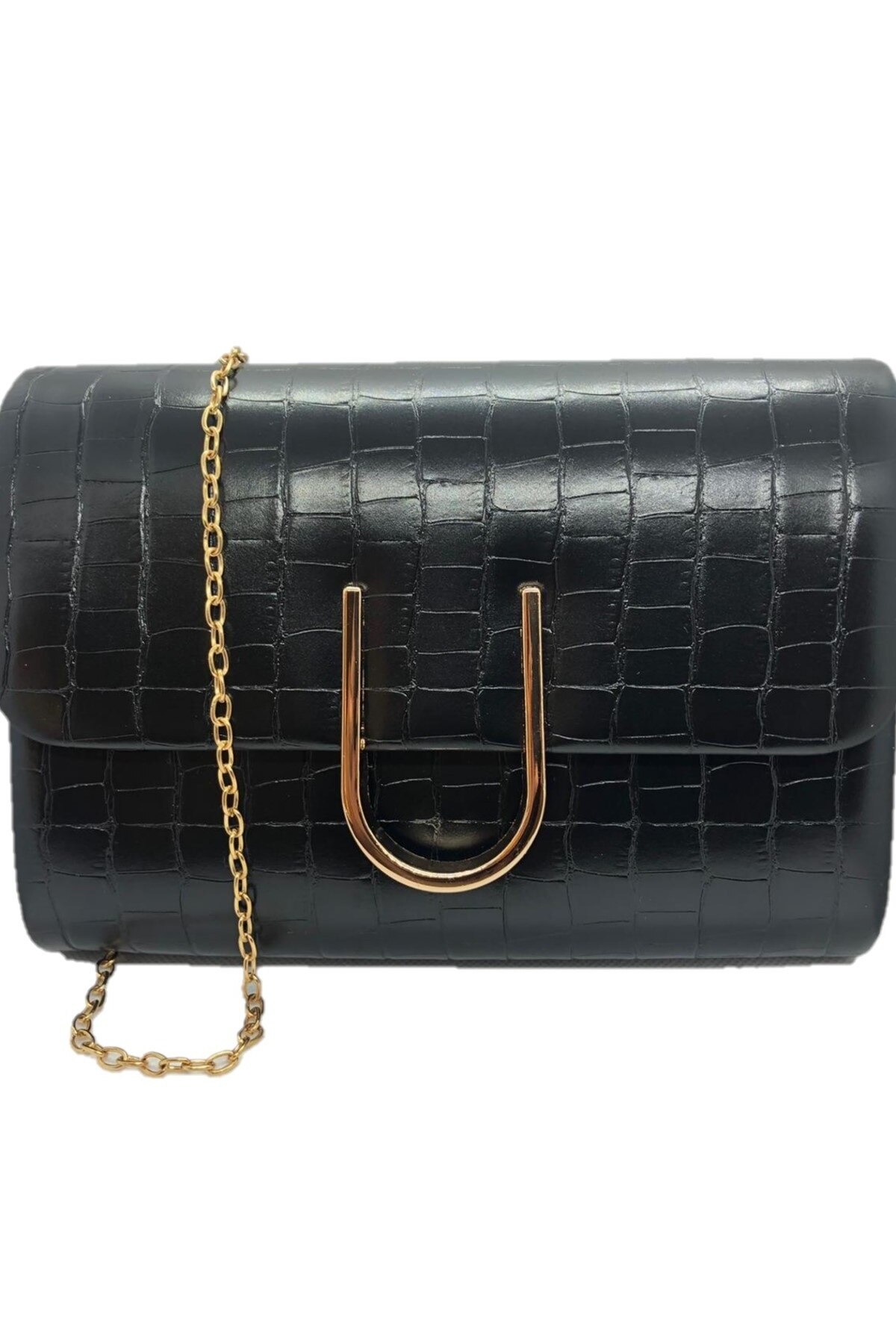 Geanta tip plic din piele ecologica cu lantic, JTS. Bright, neagra