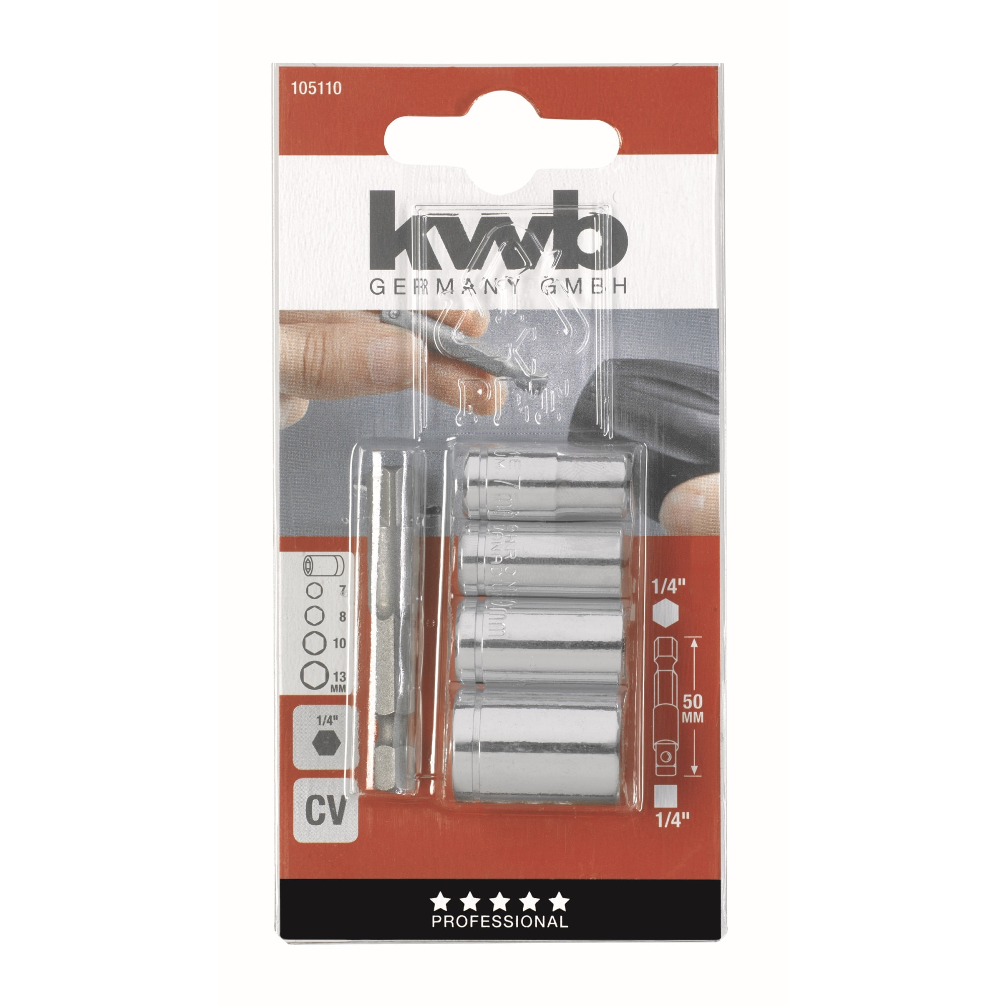 Set 5 bucati adaptor si chei tubulare KWB 7, 8, 10 si 13mm, prindere 1/4