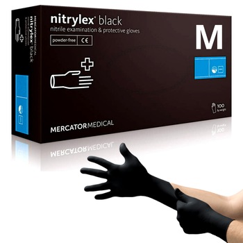 Manusi de unica folosinta din nitril, nepudrate, marime M, Negru, 100 bucati Manusi de unica folosinta din nitril, nepudrate, marime M, Negru, 100 bucati