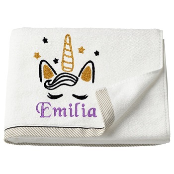 Prosop copii, LWS, bumbac, brodat, model unicorn Emilia, 50x100 cm Prosop copii, LWS, bumbac, brodat, model unicorn Emilia, 50x100 cm