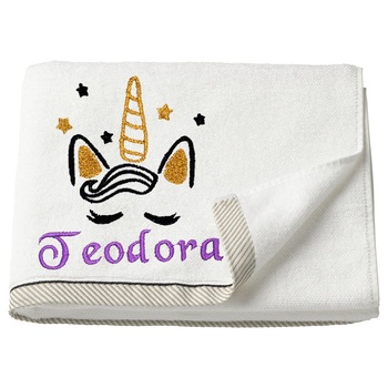 Prosop copii, LWS, bumbac, brodat, model unicorn Teodora, 30x50 cm Prosop copii, LWS, bumbac, brodat, model unicorn Teodora, 30x50 cm