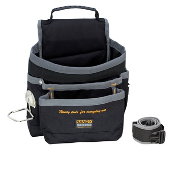 Curea reglabila cu organizator de scule Handy, Din poliester, Cu maner cauciucat si suport pentru ciocan, 3 buzunare, 260x300x220 mm, Negru/Gri Curea reglabila cu organizator de scule Handy, Din poliester, Cu maner cauciucat si suport pentru ciocan, 3 buzunare, 260x300x220 mm, Negru/Gri