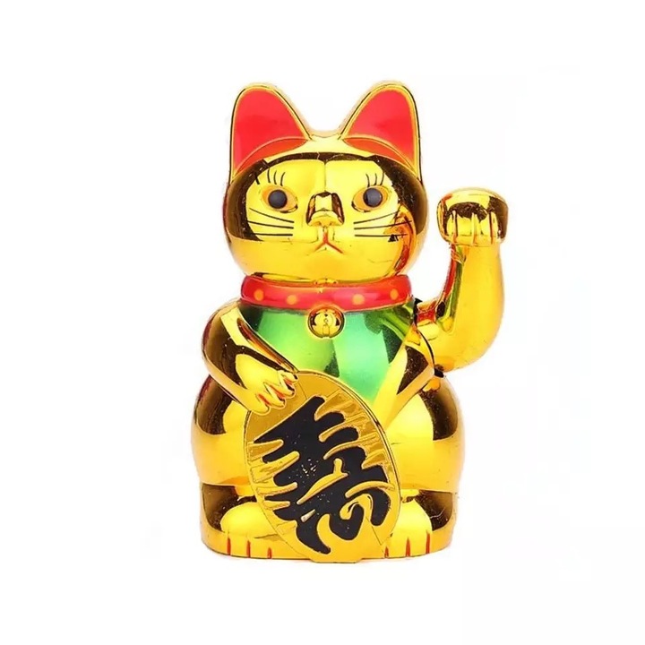 Pisica norocoasa cu ideograma norocului si labuta miscatoare, Feng Shui, 20 cm lungime