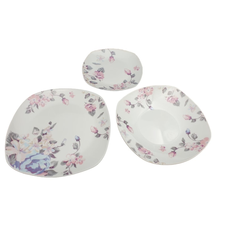 Porcelán étkészlet 18 részes szögletes tányéros, LILA virágos mintával