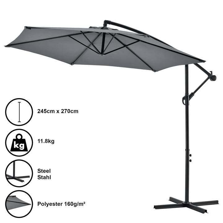 Градински чадър за слънце casa pro® , 245 cm, Сив, 100%Полиестер, Стомана