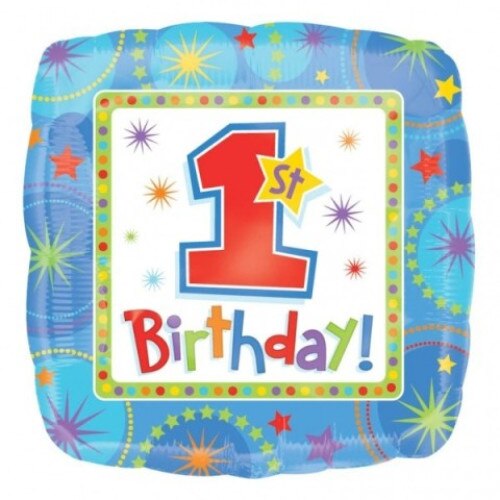 Balon folie, patrat, My first birthday, albastru cu stelute