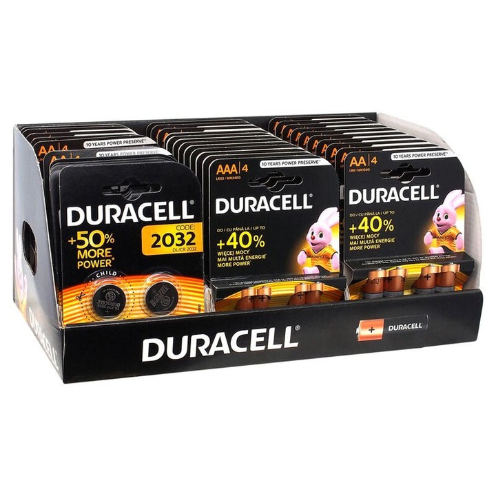 Duracell elem készlet, LR6 / AA 20 csomag / 4 db, LR03 / AAA 10 csomag / 4 db, CR2032 7 csomag / 2 db, Duracell nyuszi plüssel