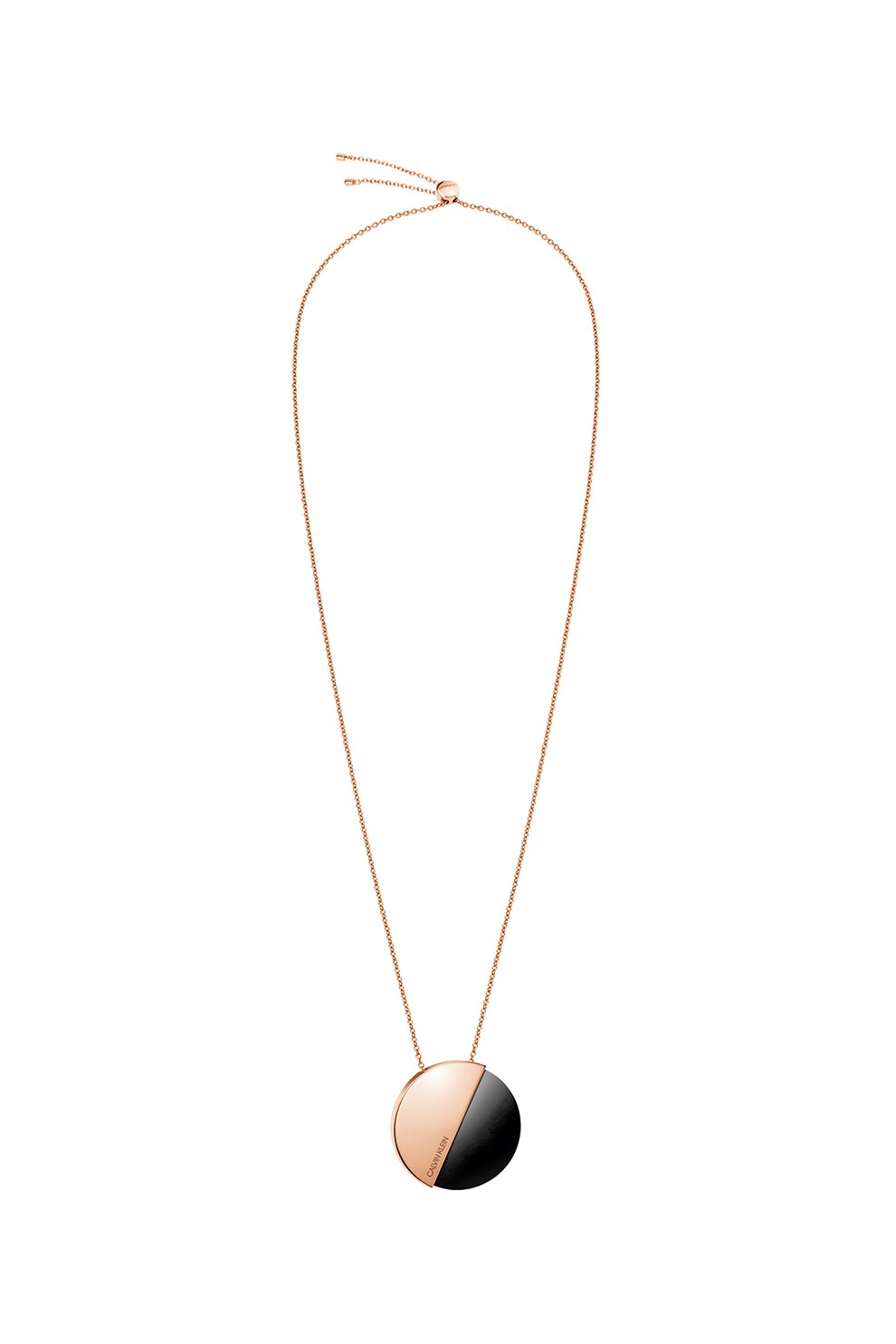 CALVIN KLEIN, Colier lung cu pandantiv rotund, Auriu rose/ Negru
