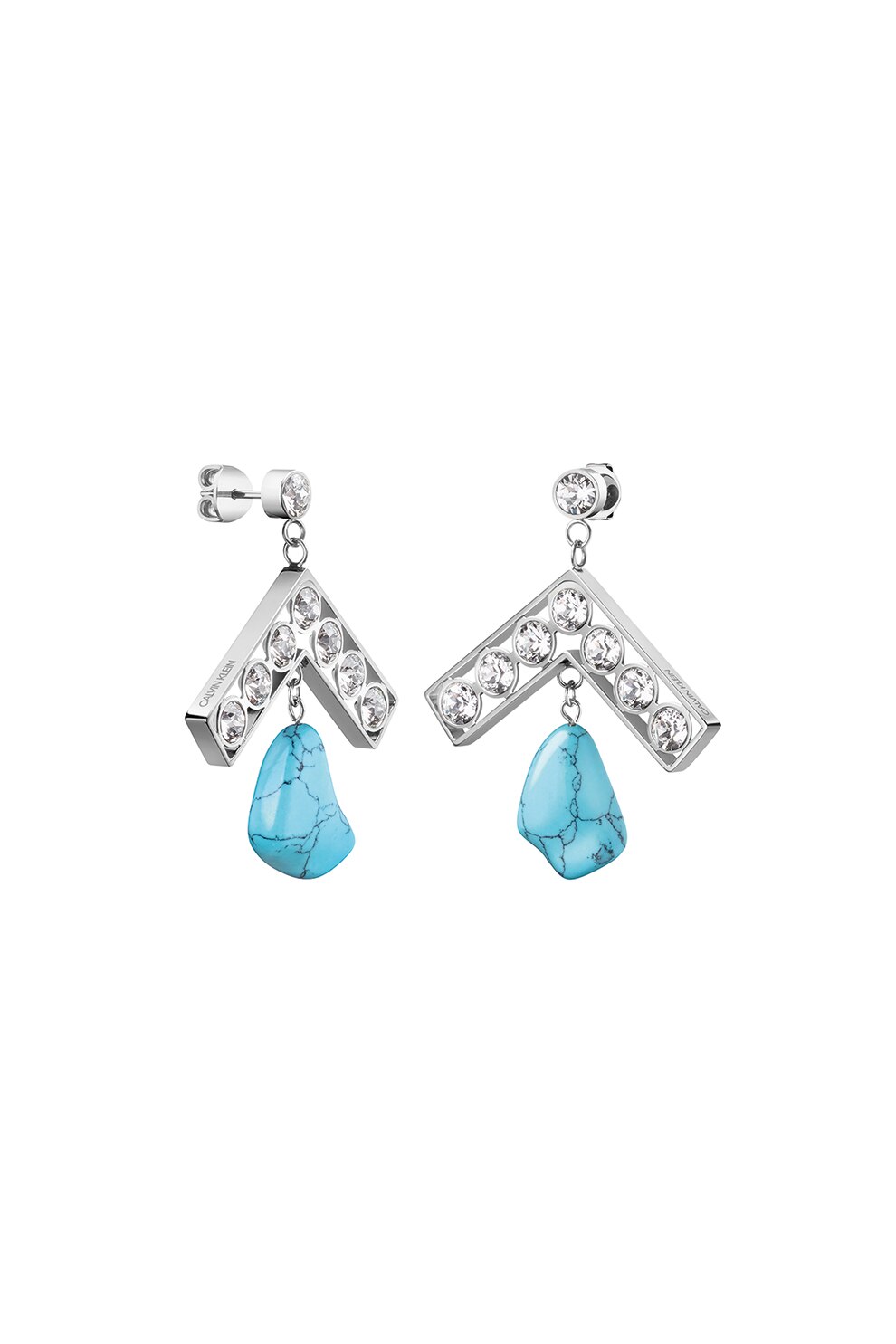 CALVIN KLEIN, Cercei drop cu cristale si turcoaz, Argintiu/Albastru aqua
