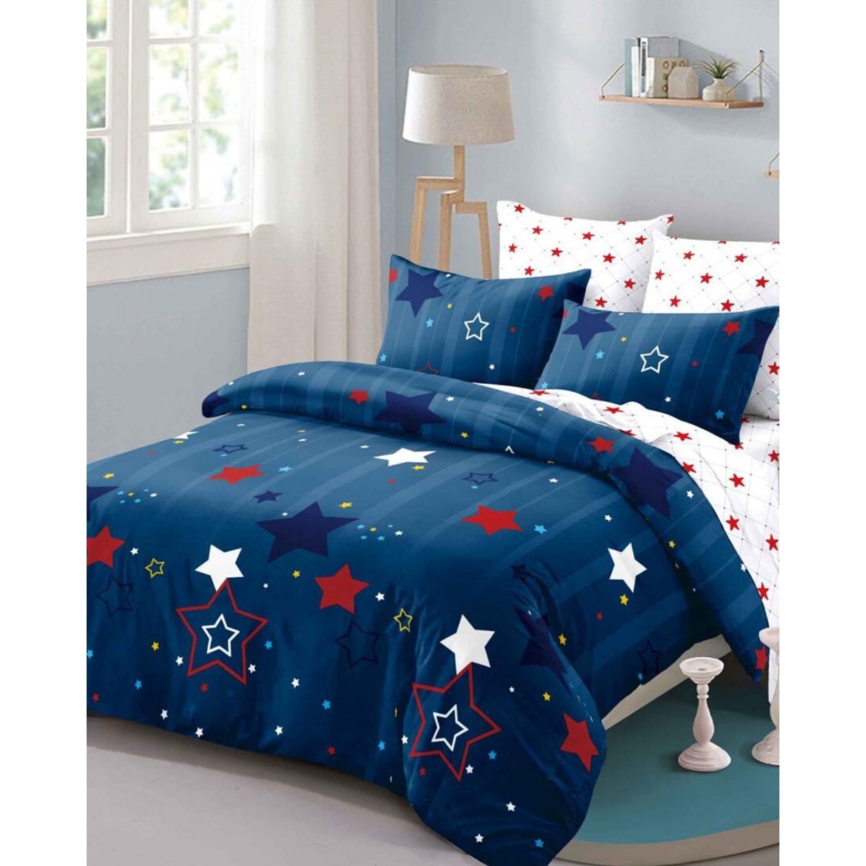 Set Lenjerie Finet Satinat, 6 Piese, Pat 2 Persoane, Stele Multicolor