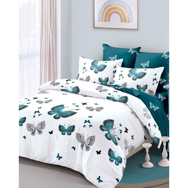 Комплект спално бельо от фин сатен, 6 части, двойно легло, сиви зелени пеперуди