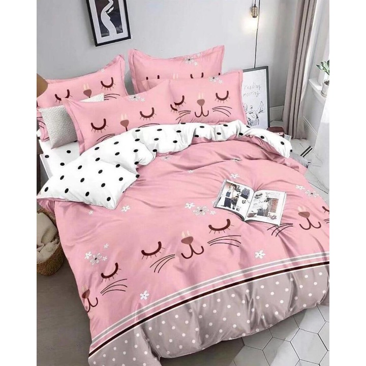 Комплект спално бельо, изработен от фин сатен, 4 части, единично легло, 155x195 см, розово/бяло, FNJ1-62