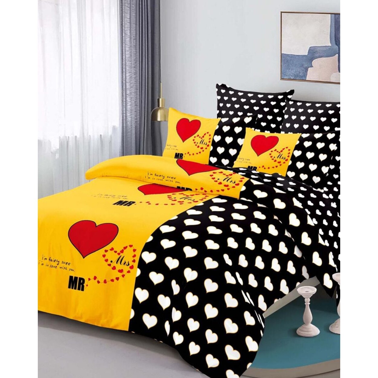 Set Lenjerie Finet Satinat, 6 Piese, Pat 2 Persoane, Love Confession