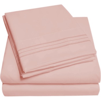 Set lenjerie de pat, cearceaf cu elastic, brodata, bumbac 100%, pat dublu, roz pudra Set lenjerie de pat, cearceaf cu elastic, brodata, bumbac 100%, pat dublu, roz pudra