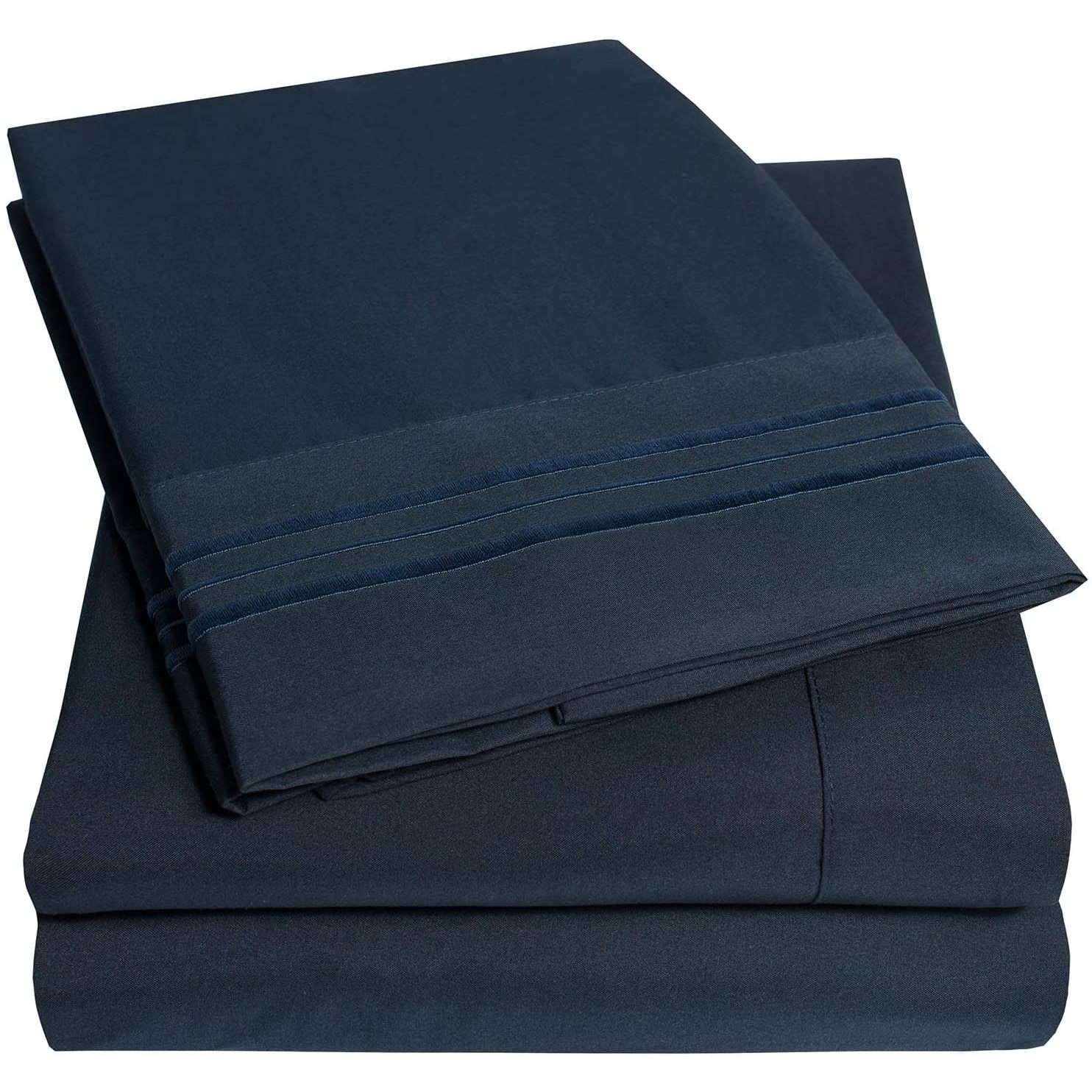 Set lenjerie de pat, cearceaf cu elastic, brodata, bumbac 100%, pat dublu extra, bleumarin
