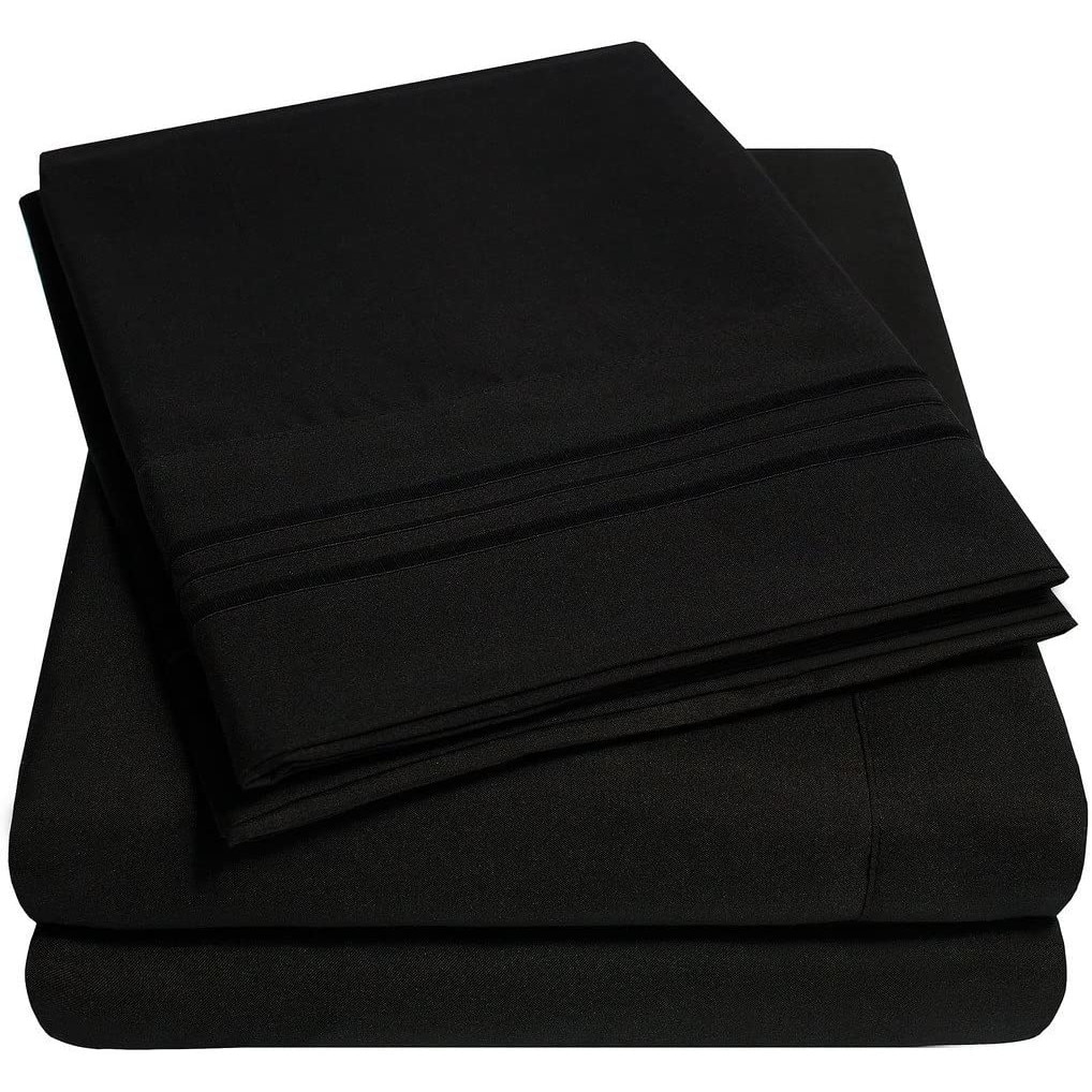 Set lenjerie de pat, cearceaf cu elastic, brodata, bumbac 100%, pat dublu extra, negru